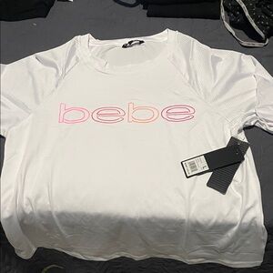 Bebe White Tee with Pink Gradient Logo..Jersey style sleeves